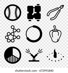 Circle icons set. set of 9 circle filled and outline icons such as brightness, watering system, baseball, sundial, alarm, pepper, woman in spa, atom