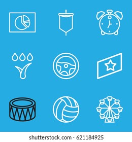 Circle icons set. set of 9 circle outline icons such as drum, watering system, alarm, rank, sail, volleyball, pie chart, Ferris wheel