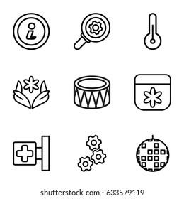 Circle icons set. set of 9 circle outline icons such as flower, medical cross, drum, temperature, info, gear