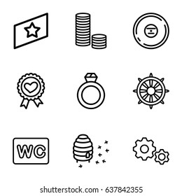 Circle icons set. set of 9 circle outline icons such as wc, honeycomb, helm, heart ribbon, cd, rank, ring, coin