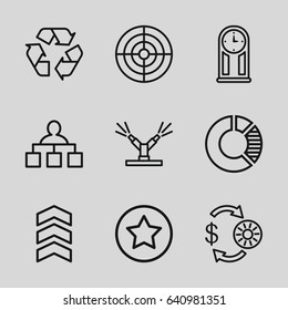 Circle icons set. set of 9 circle outline icons such as casino chip and money, structure, recycle, watering system, pendulum, rank, target