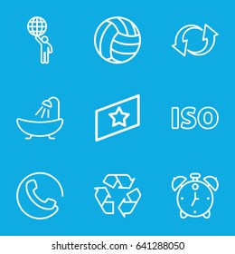 Circle icons set. set of 9 circle outline icons such as call, shower, recycle, update, iso, alarm, rank, volleyball