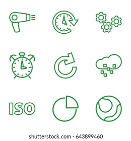 Circle icons set. set of 9 circle outline icons such as hair dryer, pie chart, iso, time, defragmentation, alarm, reload, volleyball