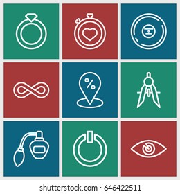 Circle icons set. set of 9 circle outline icons such as perfume, compass, eye, stopwatch, cd, eternity, switch off, sale location