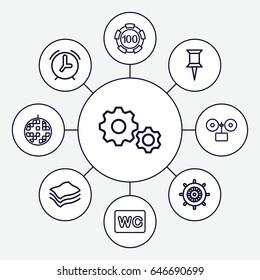 Circle icons set. set of 9 circle outline icons such as helm, 100 casino chip, wc, pin, disco ball, sponge, alarm
