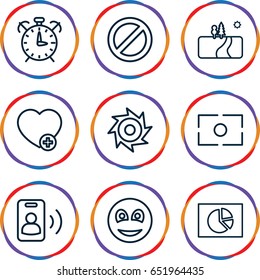 Circle icons set. set of 9 circle outline icons such as add favorite, prohibited, smiley, camera focus, landscape, call, alarm, saw