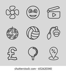 Circle icons set. set of 9 circle outline icons such as perfume, fan, smiley, disco ball, play, golf ball, volleyball, sale location