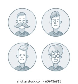 Circle icons set in gray colors. People cartoon avatars collection. Isolated vector illustration of diverse senior characters.