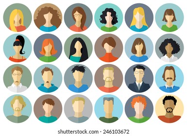 Circle icons set of men and women. Various faces in flat style isolated on white background.