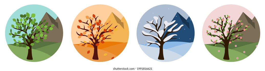 Circle icons with tree for four season concept vector. Graphic design illustration of change time through the year. Wild nature environment for camping, skiing.  - Shutterstock ID 1991816621