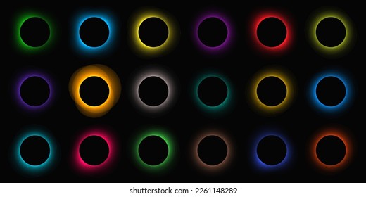 Marco iluminado en círculo con gradiente. Gran conjunto de pancartas redondas de neón aisladas en fondo negro. Ilustración del vector