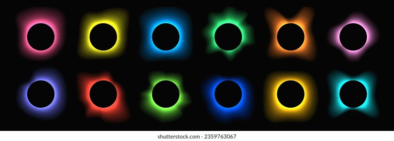 Circle illuminate frame with gradient. Big set of round neon banners isolated on black background. Vector illustration