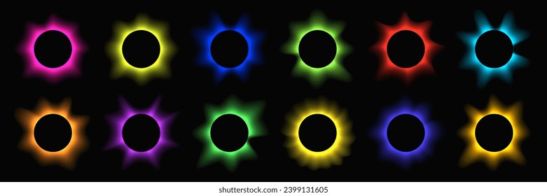 Circle illuminate frame with gradient. Big set of round neon banners isolated on black background. Vector illustration