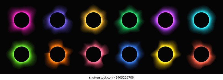 Circle illuminate frame with gradient. Big set of round neon banners isolated on black background. Vector illustration