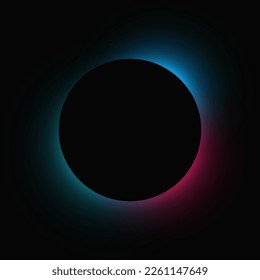 Der Kreis beleuchtet den Rahmen mit Farbverlauf. Blau-rotes, rundes Neonbanner einzeln auf schwarzem Hintergrund. Vektorgrafik