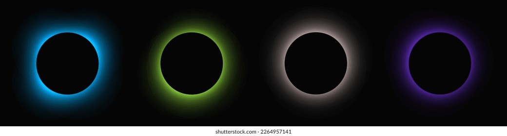 Circle illuminate frame with gradient. Set of four round neon banners isolated on black background. Vector illustration
