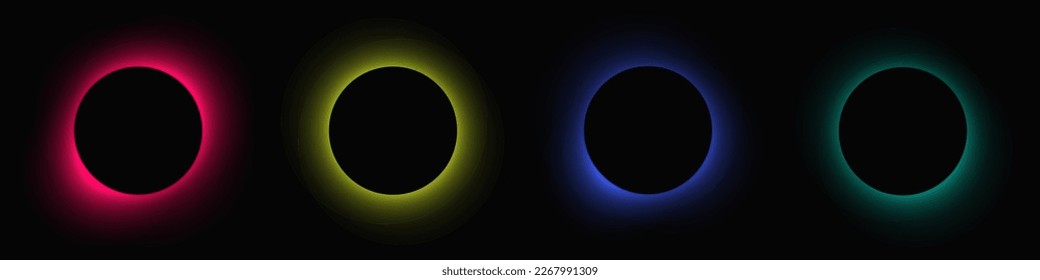 Circle illuminate frame with gradient. Set of four round neon banners isolated on black background. Vector illustration