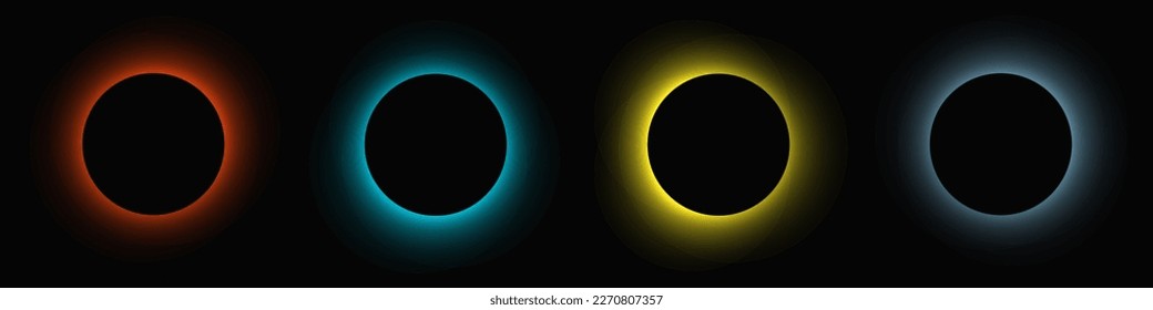Circle illuminate frame with gradient. Set of four round neon banners isolated on black background. Vector illustration