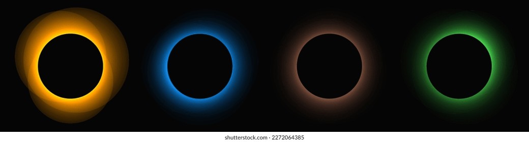 Circle illuminate frame with gradient. Set of four round neon banners isolated on black background. Vector illustration
