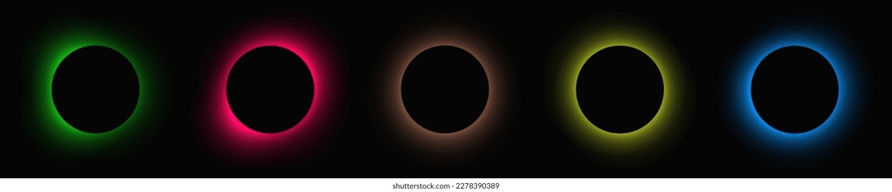 Circle illuminate frame with gradient. Set of five round neon banners isolated on black background. Vector illustration