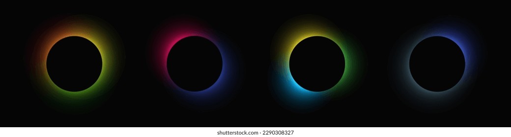 Circle illuminate frame with gradient. Set of four round neon banners isolated on black background. Vector illustration