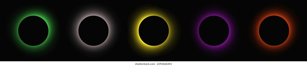 Circle illuminate frame with gradient. Set of five round neon banners isolated on black background. Vector illustration