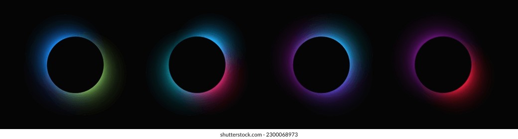 Circle illuminate frame with gradient. Set of four round neon banners isolated on black background. Vector illustration