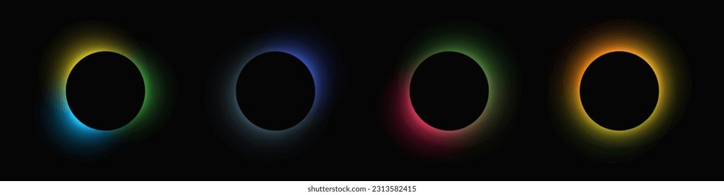 Circle illuminate frame with gradient. Set of four round neon banners isolated on black background. Vector illustration