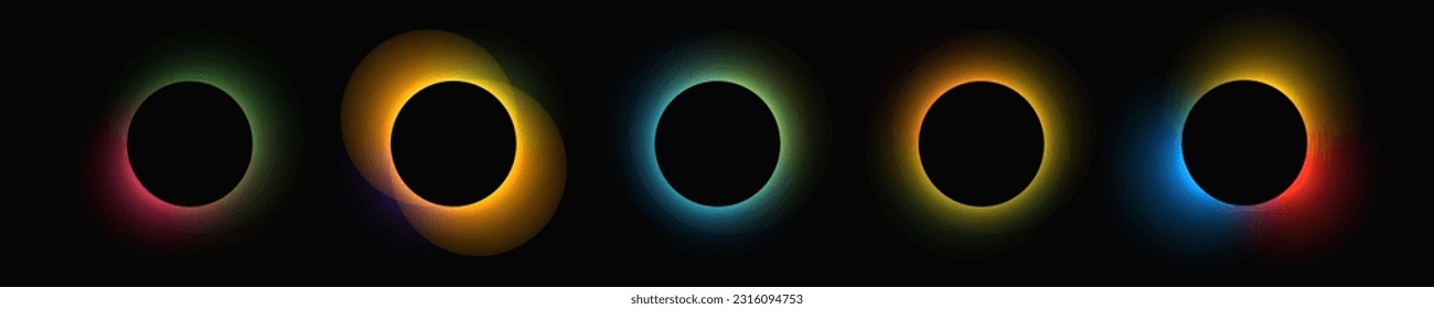 Circle illuminate frame with gradient. Set of five round neon banners isolated on black background. Vector illustration