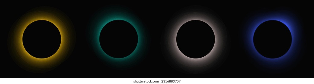 Circle illuminate frame with gradient. Set of four round neon banners isolated on black background. Vector illustration