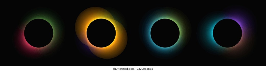 Circle illuminate frame with gradient. Set of four round neon banners isolated on black background. Vector illustration