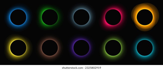 Circle illuminate frame with gradient. Set of ten round neon banners isolated on black background. Vector illustration