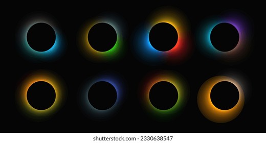Circle illuminate frame with gradient. Set of eight round neon banners isolated on black background. Vector illustration
