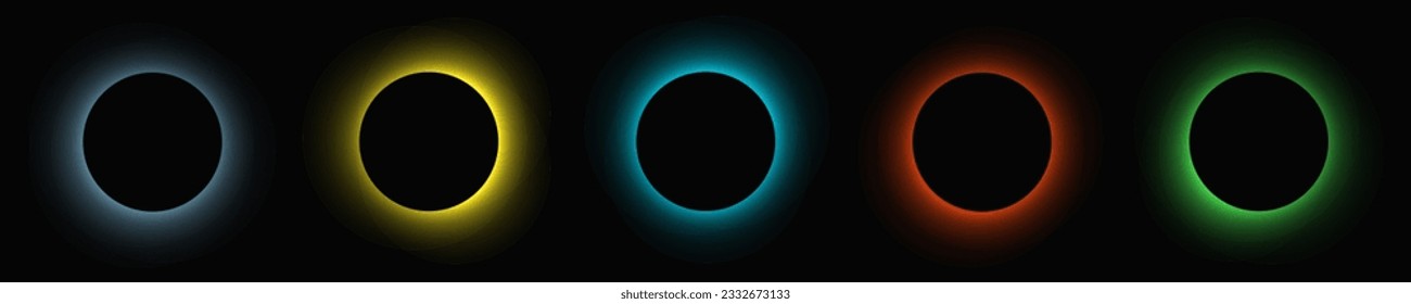 Circle illuminate frame with gradient. Set of five round neon banners isolated on black background. Vector illustration