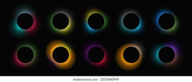 Circle illuminate frame with gradient. Set of ten round neon banners isolated on black background. Vector illustration