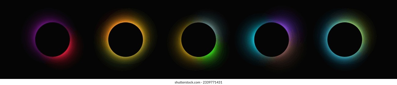 Circle illuminate frame with gradient. Set of five round neon banners isolated on black background. Vector illustration