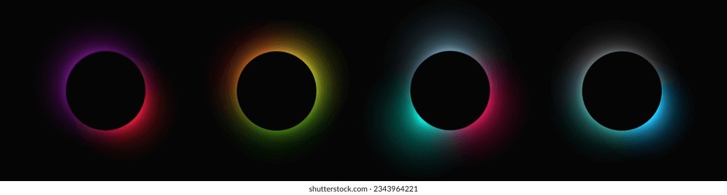 Circle illuminate frame with gradient. Set of four round neon banners isolated on black background. Vector illustration