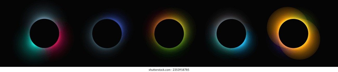 Circle illuminate frame with gradient. Set of five round neon banners isolated on black background. Vector illustration