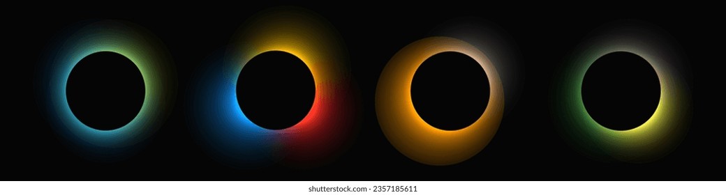 Circle illuminate frame with gradient. Set of four round neon banners isolated on black background. Vector illustration