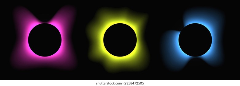 Circle illuminate frame with gradient. Set of three round neon banners isolated on black background. Vector illustration
