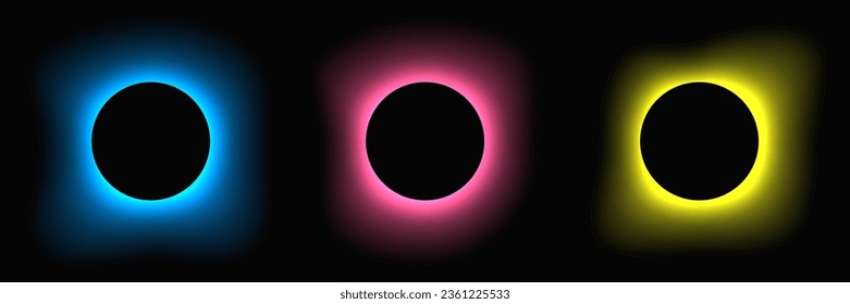 Circle illuminate frame with gradient. Set of three round neon banners isolated on black background. Vector illustration