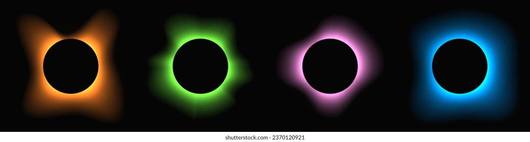 Circle illuminate frame with gradient. Set of four round neon banners isolated on black background. Vector illustration