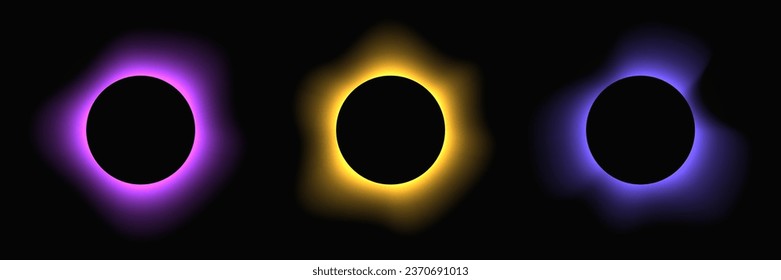 Circle illuminate frame with gradient. Set of three round neon banners isolated on black background. Vector illustration