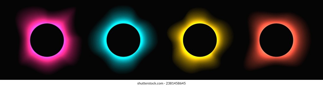 Circle illuminate frame with gradient. Set of four round neon banners isolated on black background. Vector illustration