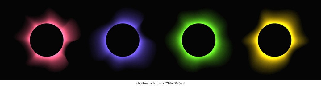 Der Kreis beleuchtet den Rahmen mit Farbverlauf. Satz von vier runden Neonbannern einzeln auf schwarzem Hintergrund. Vektorgrafik
