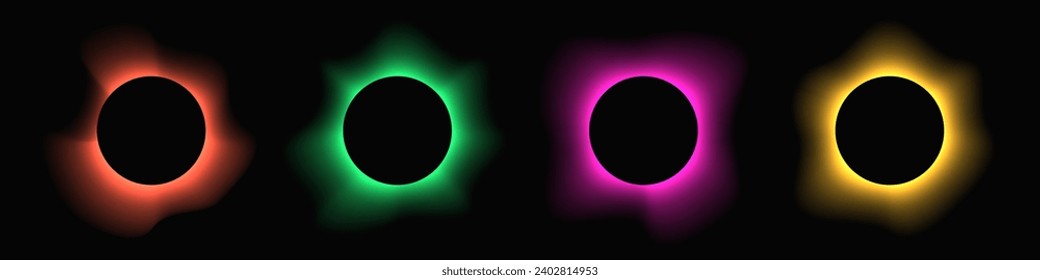 Circle illuminate frame with gradient. Set of four round neon banners isolated on black background. Vector illustration