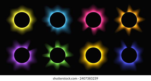 Circle illuminate frame with gradient. Set of eight round neon banners isolated on black background. Vector illustration