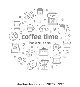 Circle illustration of coffee and pastry line-art icons. Collection of vector flat symbols.
