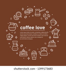 Circle illustration of coffee and pastry line-art icons with place for text.