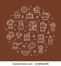 Circle illustration of coffee and pastry line-art icons. Collection of vector flat symbols.